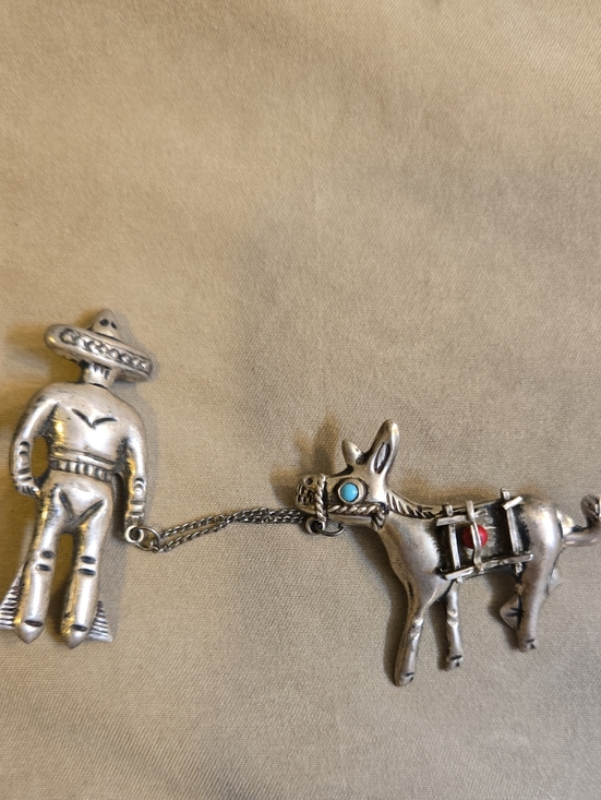 Vintage Jewelry - Sterling Silver Mexico Charro & Donkey Brooch - Silver